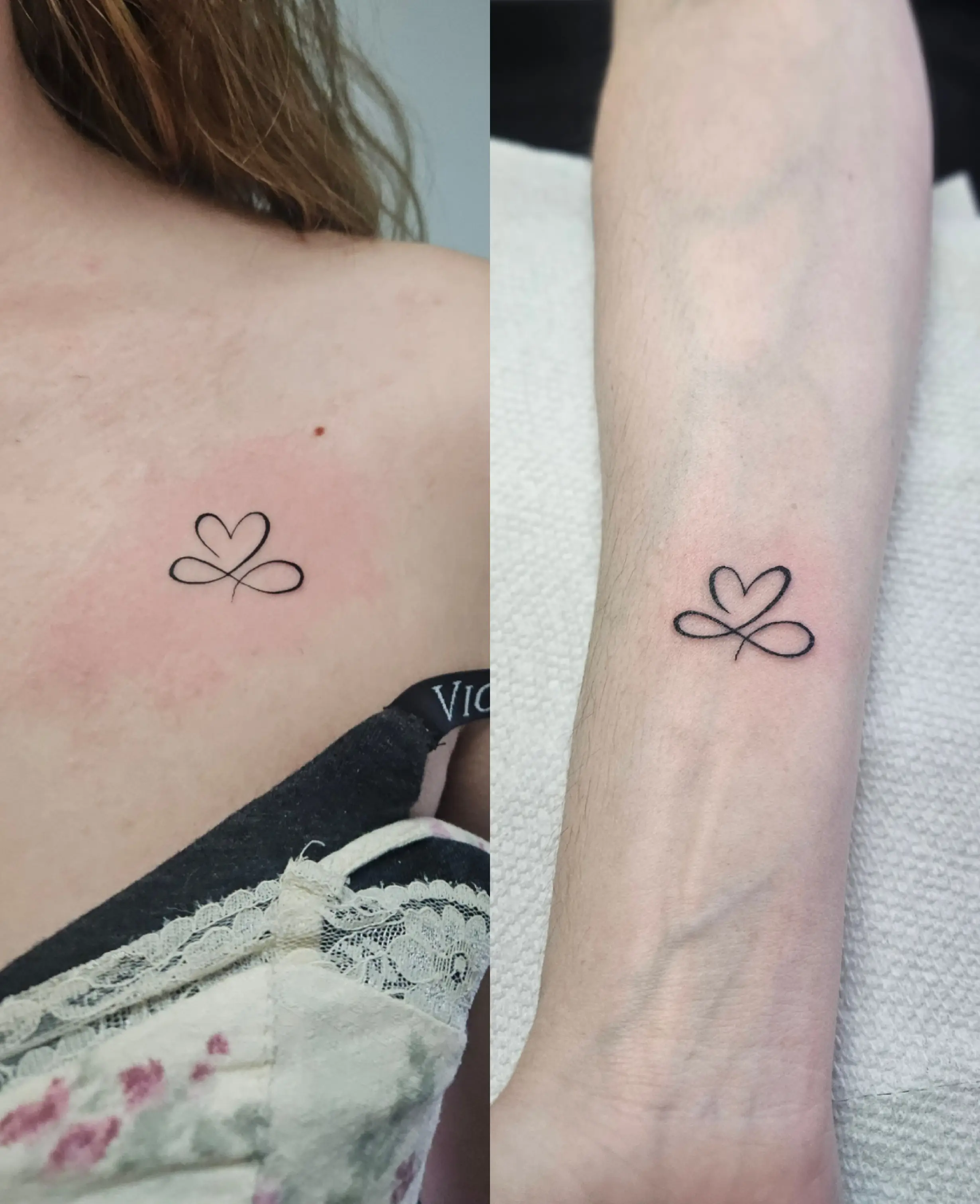Delicate heart and infinity loop tattoos, simple fine line design placed on collarbone and forearm.